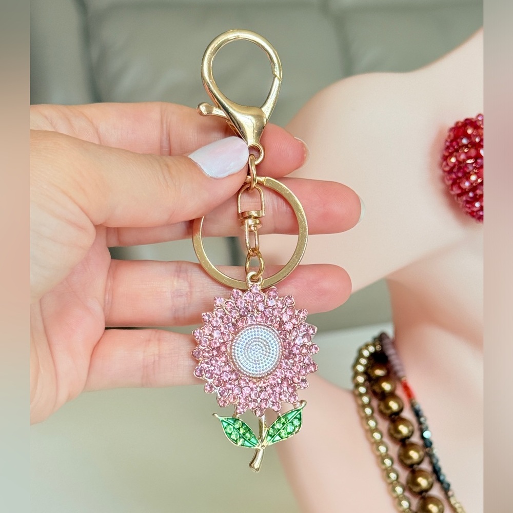 Pink and Green Crystal Sunflower Keychain - Picture 3 of 7